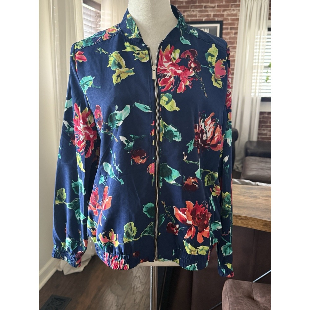 Susan Graver Women's Sz M Printed Woven Zip-Front Satin Bomber Jacket Floral - Picture 2 of 7